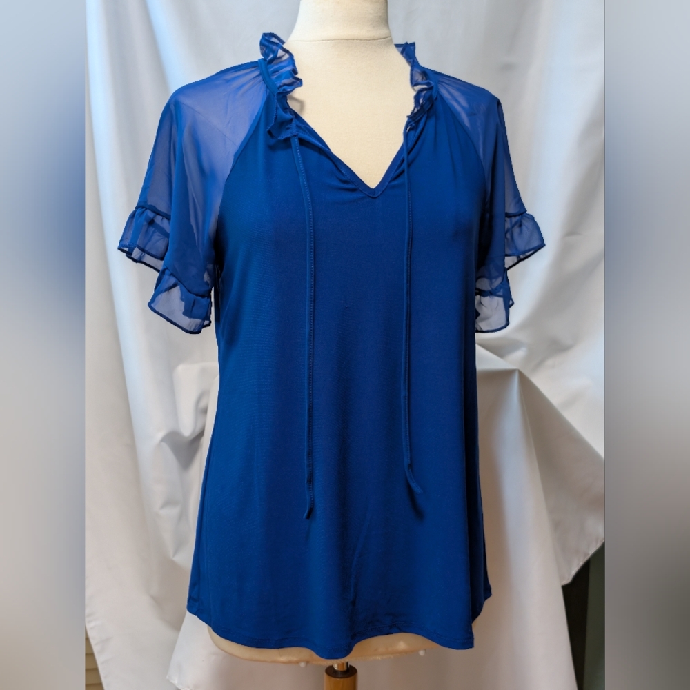 Sale Price Royal Blue Sheer Sleeve Pop Up Colar Women's blouse top. Zero 2 Eight - Picture 5 of 16